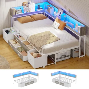 14 Inch Corner Bed Frame with Bookcase Storage