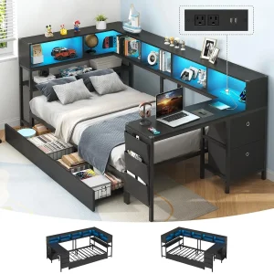 Twin Corner Bed with Desk and Storage Bookcase